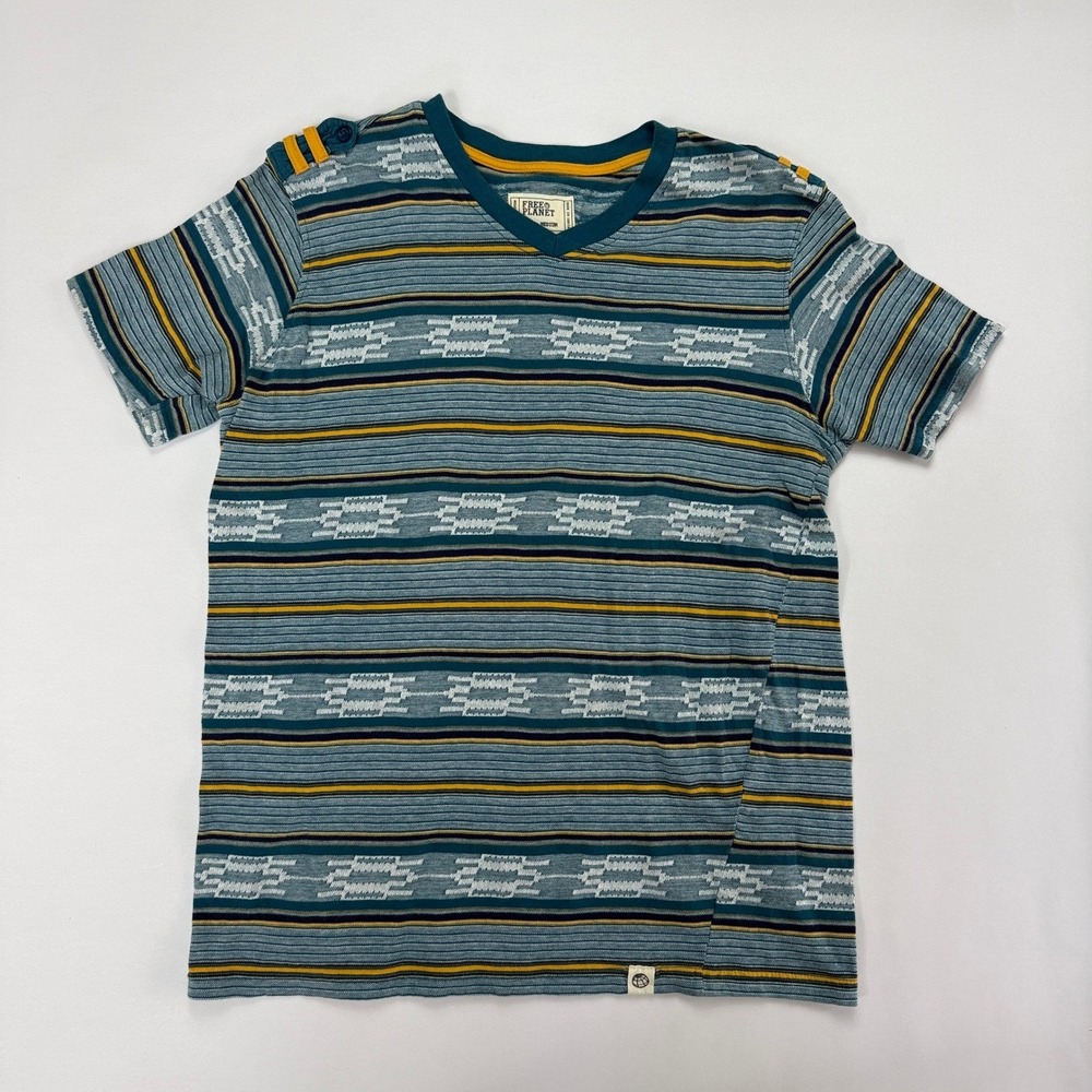 Free Planet Mens T-Shirt M Teal Blue Striped Boho Geometric V-Neck Cotton Knit